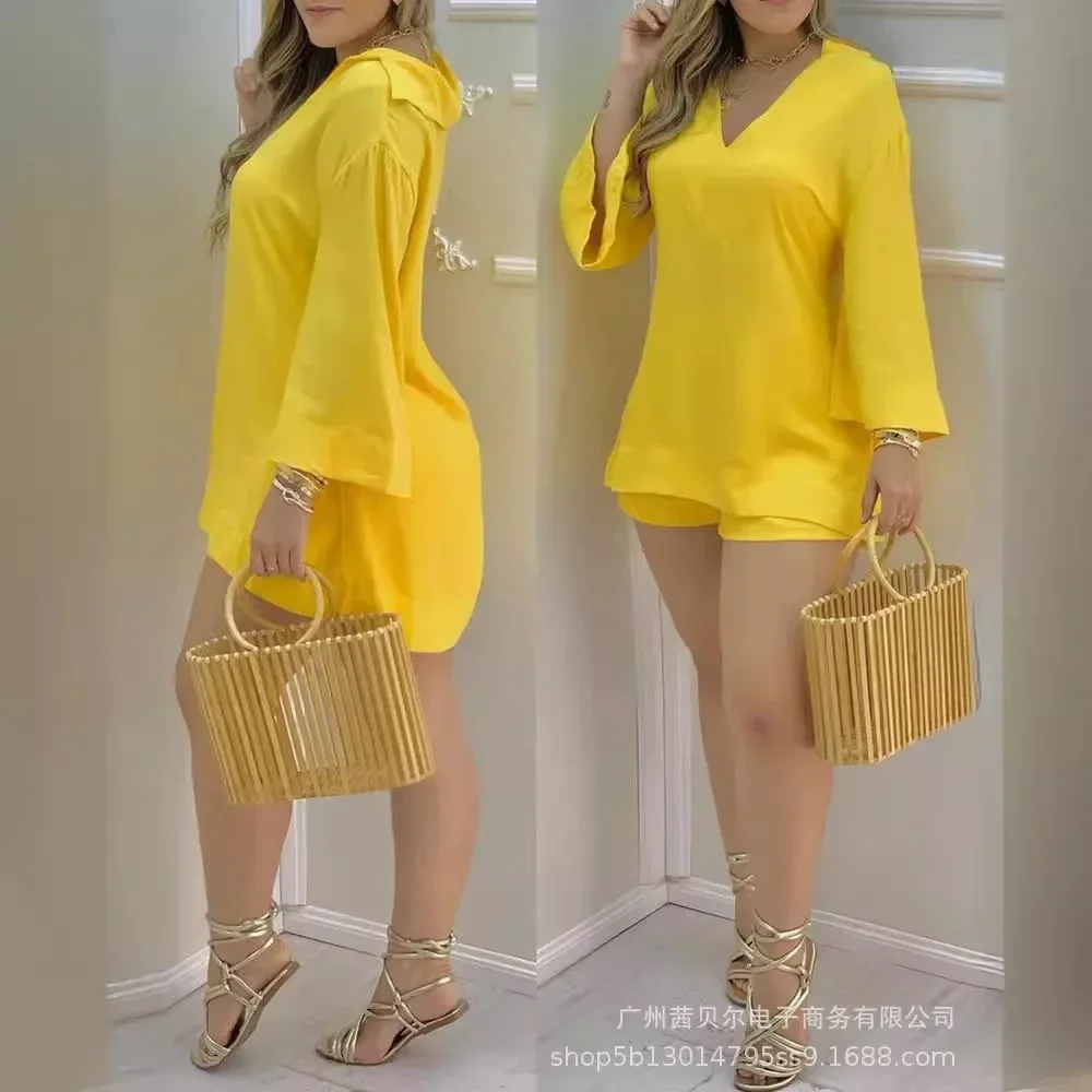 Women New 2pcs Clothes Set Long Sleeve V Neck Blouse Top High Waist Solid Color Shorts Pants Clothing Suit