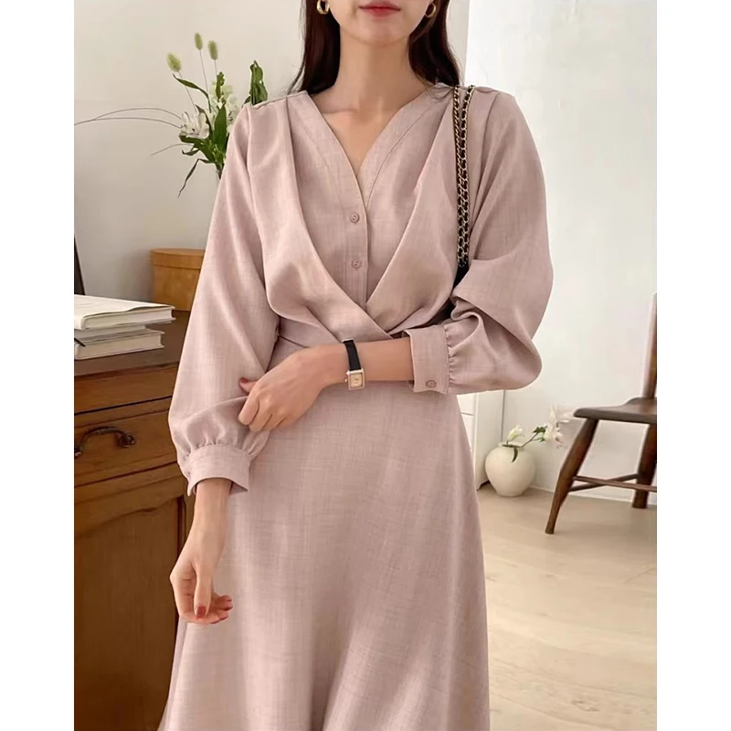 Elegant Women Solid Long Dresses Pleated V-neck Slim A-Line Commute Vestidos Female Spring Fashion Designer Slim Frocks