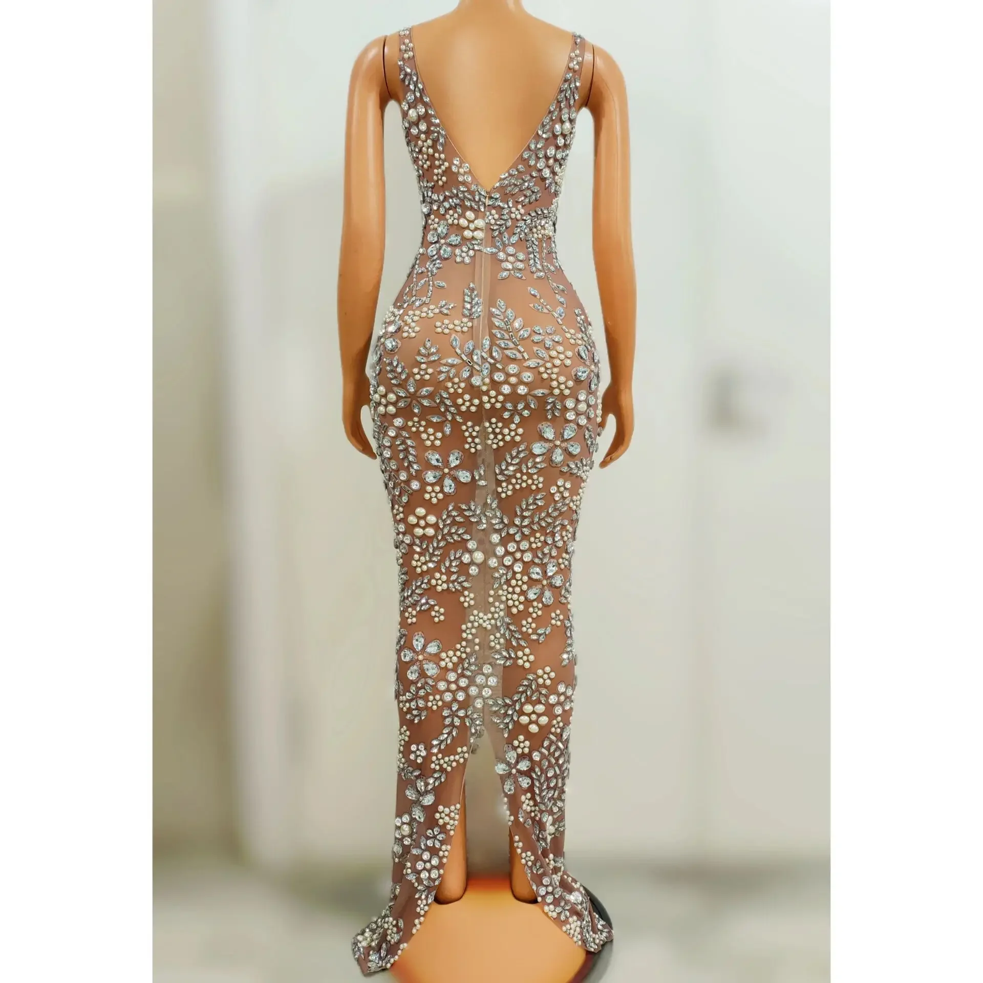 Luxury birthday dress Sheer Sleeveless Sparkly Crystals Beaded Dresses,Holiday Party Prom Dresses woman sexy new year dresses