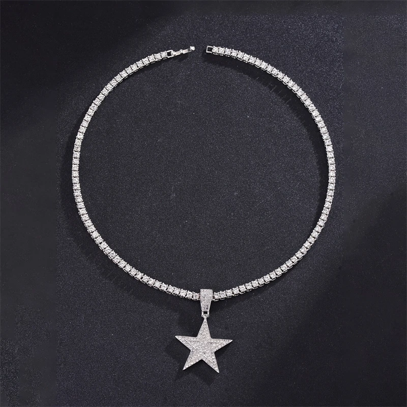 Hip Hop Pentagram Inlaid Zirconia Pendant Necklace for Men Women Universal Fashion Trend Versatile Sparkling Party Jewelry Gift