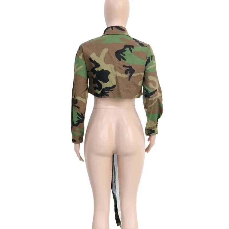 Fashion Camouflage Jacket Top Autumn Clothes 2024 Long Sleeve Buttons Lace Up Crop Top Streetwear Casual Short Coat Shirts Tops