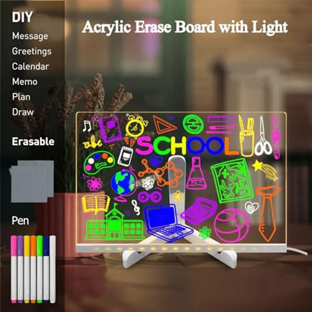 LED Note Board With Night Light Colorful 7 Pens DIY Acrylic Message Board USB Children's Drawing Board For Kids Birthday Gifts