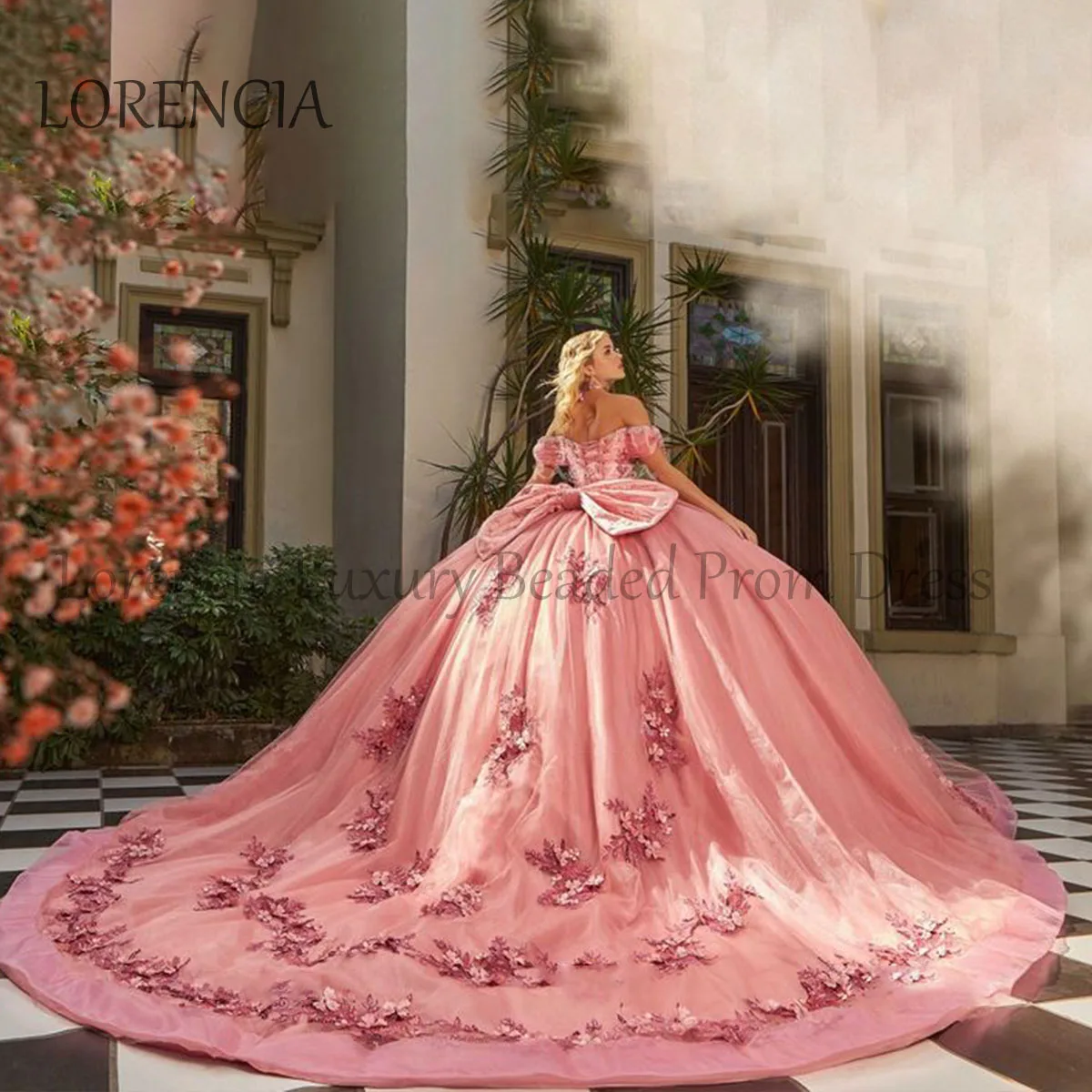 Pink Quincenara Dress Mexican Beading Applique 3D Flowers Off The Shoulder Sweet 15 16 Ball Gown Sleeveless Vestidos De 15 Años