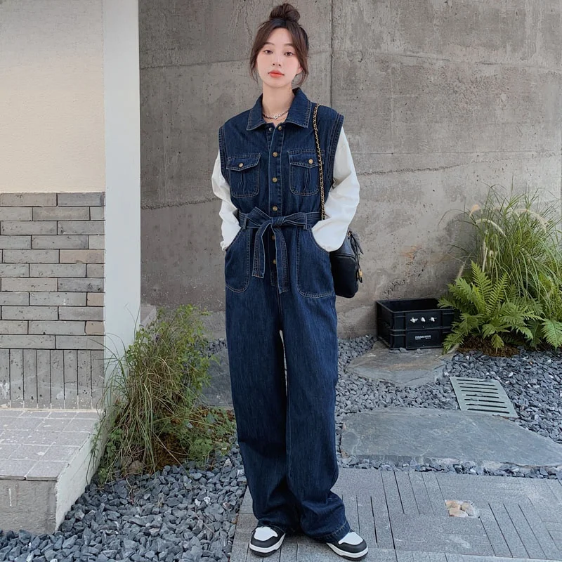 

Laid-ba Sle Loose Casual Denim Wide Leg One-piece Pants Women's Spring New Belted Waist-cinching Overalls Commute Trend