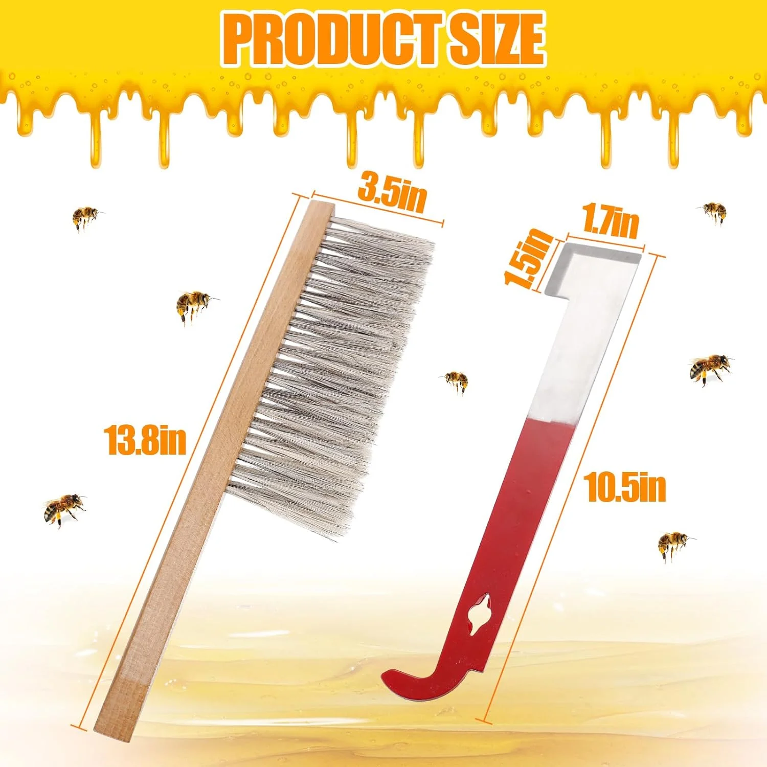 Bee Hive Tool for Beekeeping - Stainless Steel J Hook & Natural Horsehair Bee Brush, Beehive Brush Bee Frame Lifter and