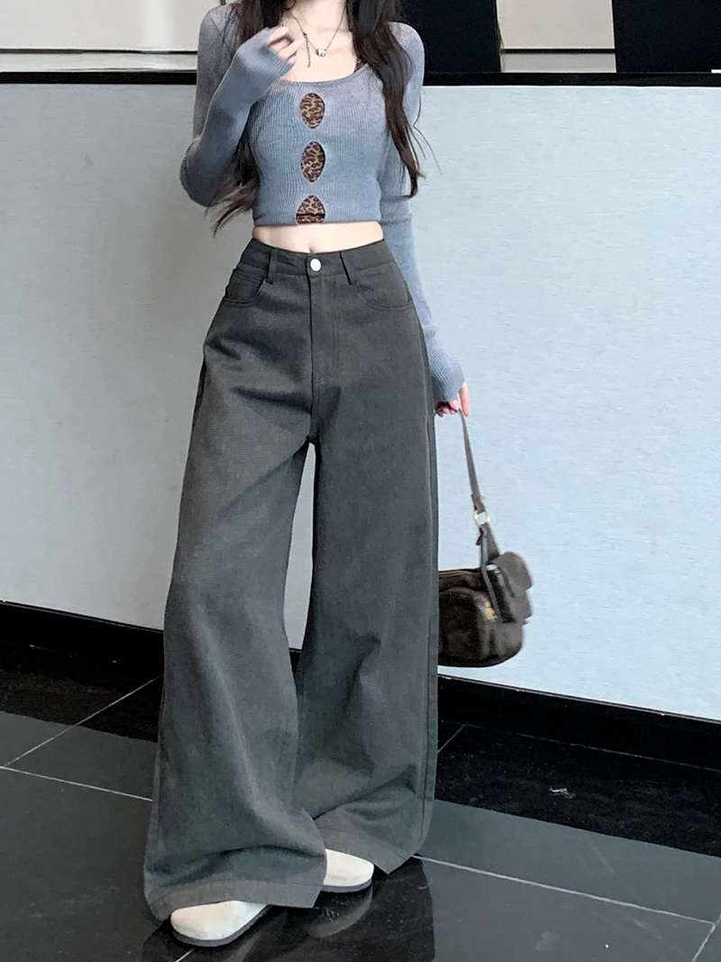 ZHISILAO Fashion Baggy Wide Leg Jeans Women Vintage Loose Khaki Floor Length Denim Pants 2024