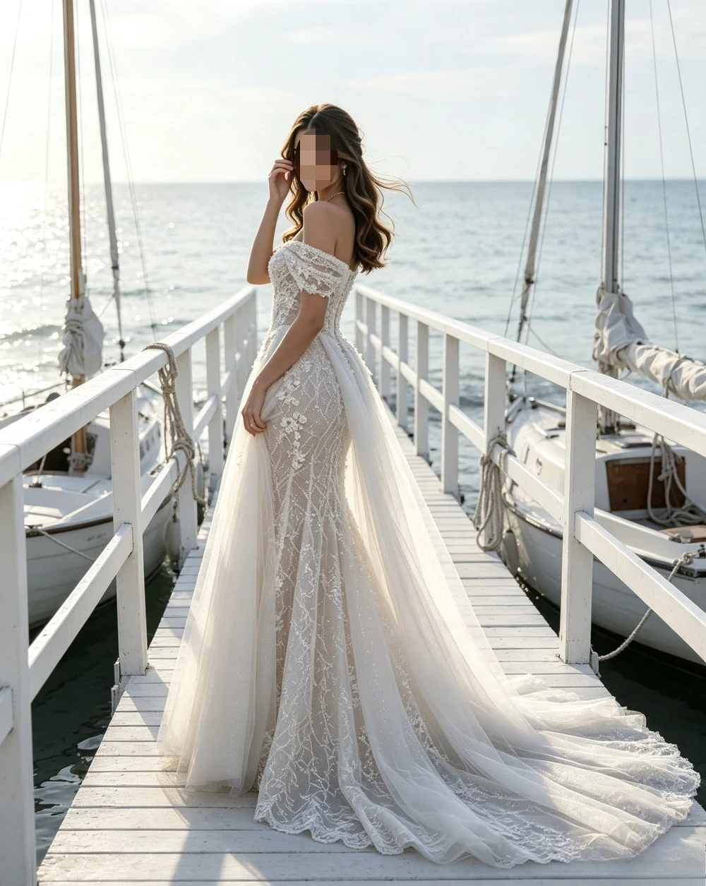 Customized Floor Length Sparkly Beaded Lace Mermaid Formal Evening Gown Off Shoulder Ruffle Sleeve Detachable Tulle Sweep Dress