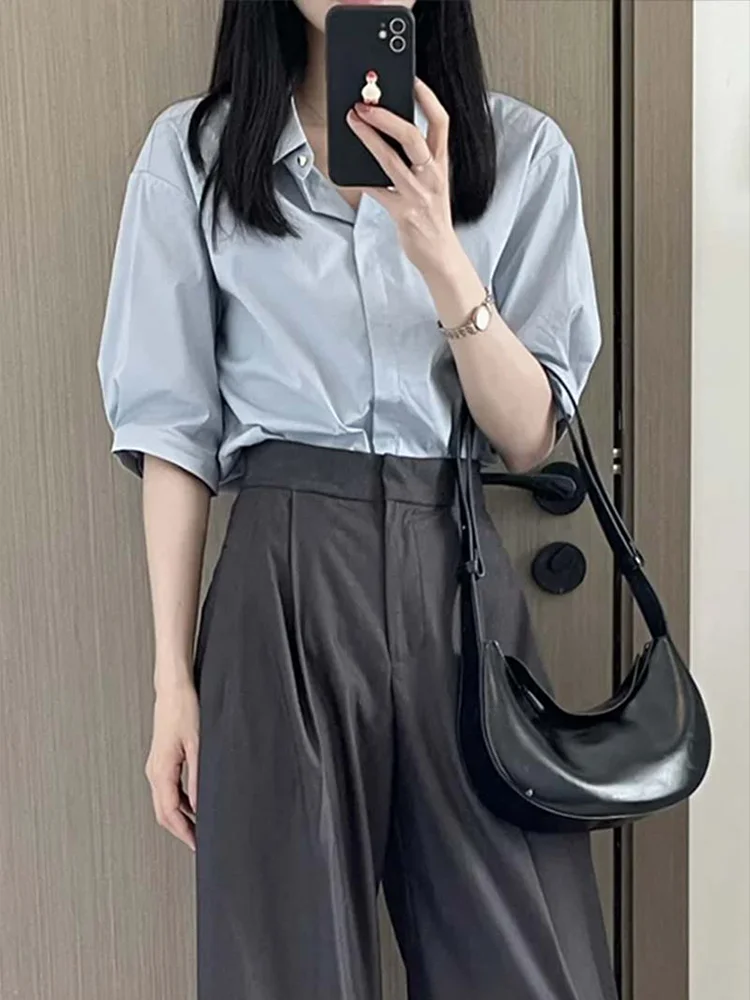 

Новинка 2025, женские синие ort Sve irt, хлопковые, для поездок на работу, защита от солнца, модные, милые, японские, с пятью пуговицами