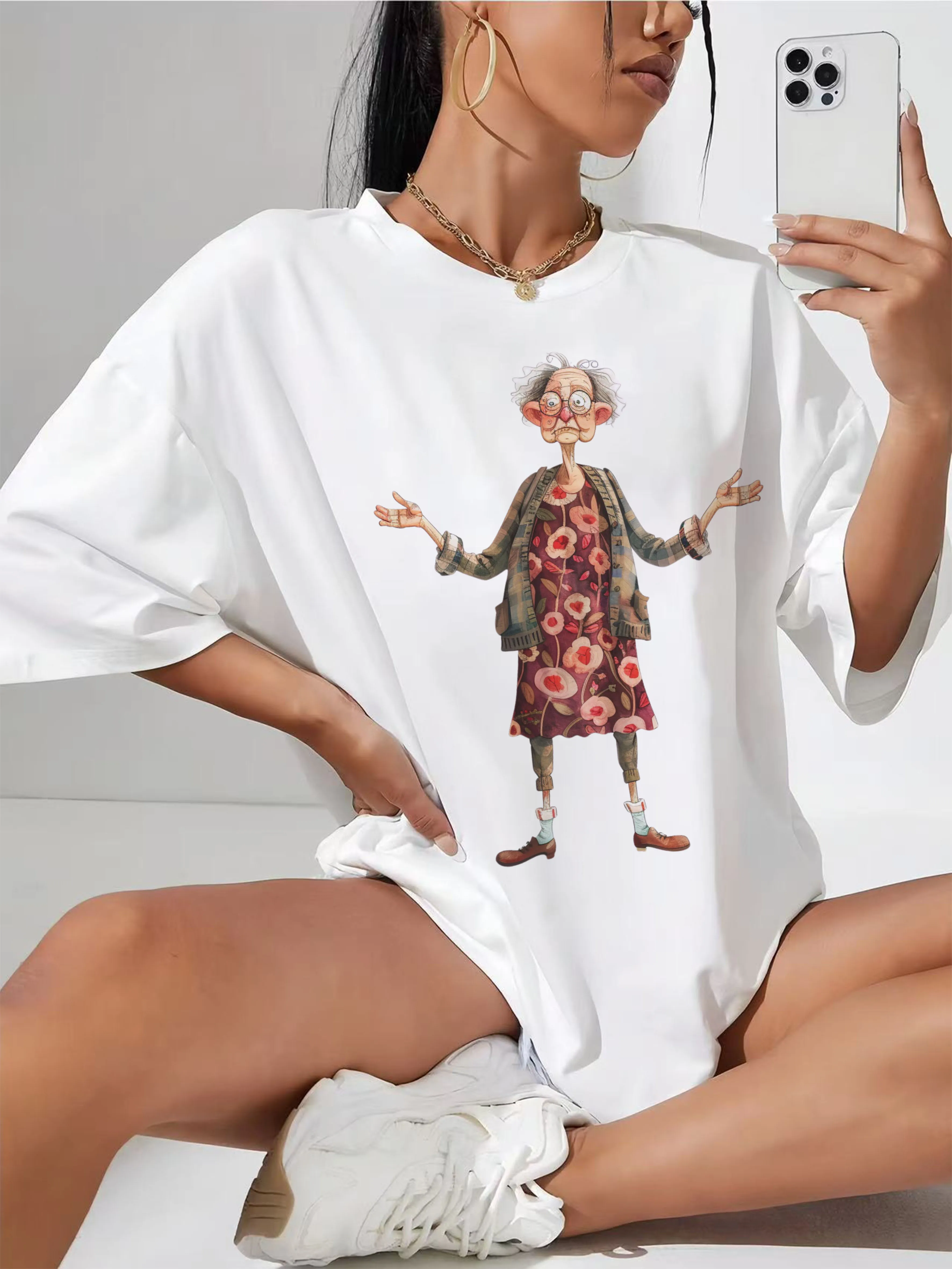 

Quirky-Whimsical-Crazy-Grandma-Clipart Casual White Women's T-Shirt Relaxed Fit Perfect for Festivals Hot Days Maternity Wear