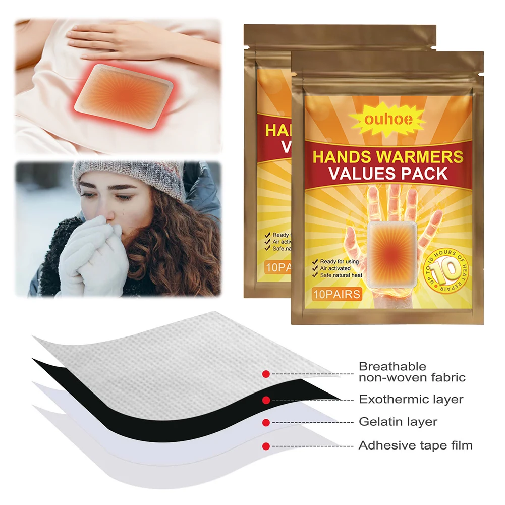 100-20pcs Winter Hand Body Warmer Self-Adhesive Hand Heating Pad Long Lasting Winter Warm Paste Stick for Men Women Winter Warm