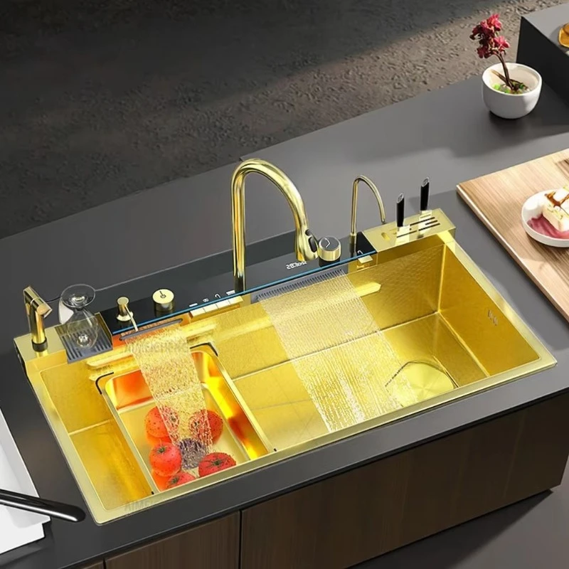 

Smart Kitchen Sink Handmade Kitchen Sink Waterfall Gold Stainless Steel Flat Design Square Modern SUS Polished