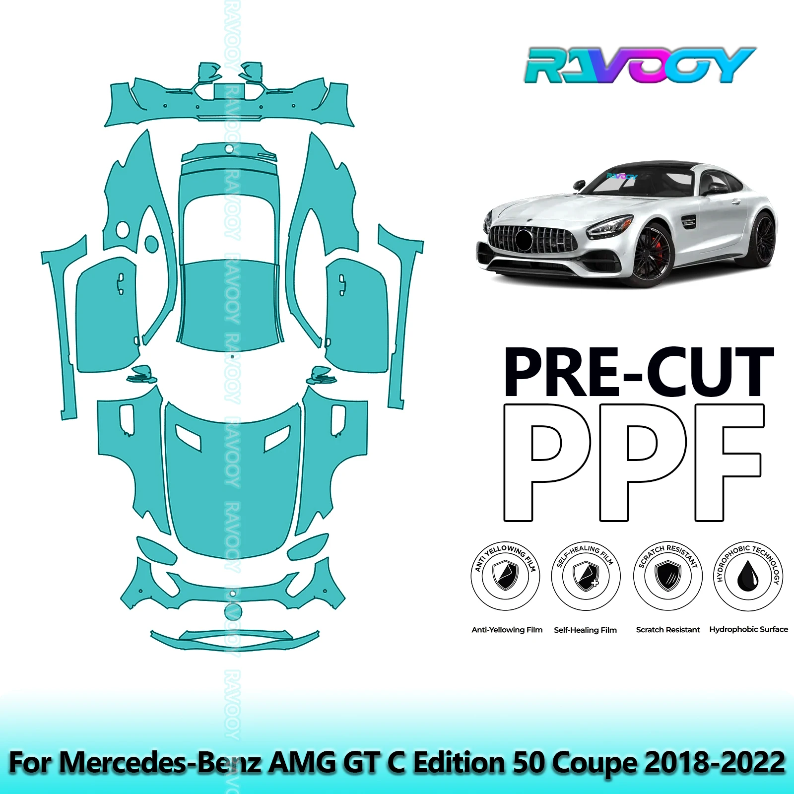 RAVOOY Custom-Fit Precut TPU PPF Full Vehicle Clear Bra Stone Guard EU UK For Mercedes-Benz AMG GT C Edition 50 Coupe 2018-2022