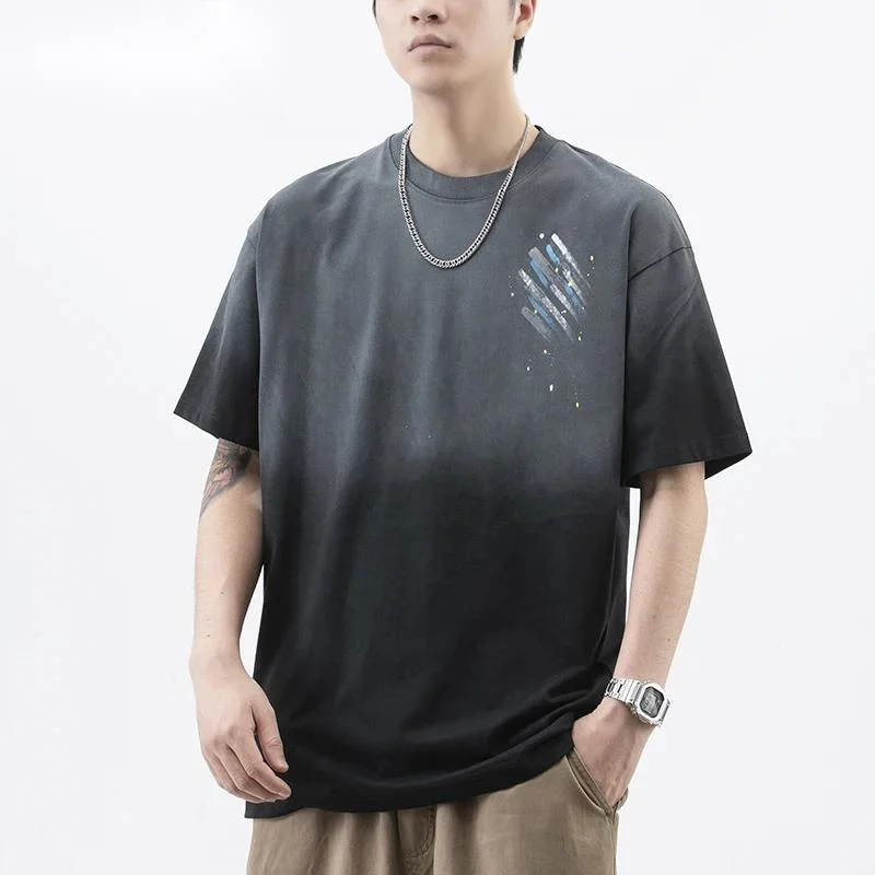 Vintage Distressed Washed Graffiti Men's Short Sleeve T-shirt Summer Loose Fit Round Neck Versatile Pullover Top VF5R
