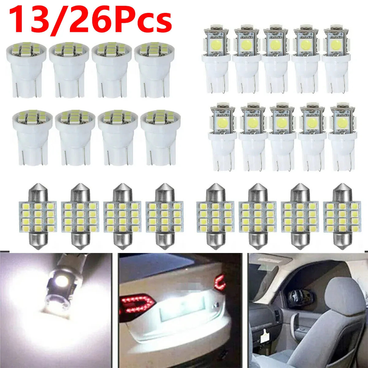 13/26Pcs LED Car Interior Lights T10 5050 Dome Trunk License Plate Lamps Kit White LED Interior Light Bulbs 5050 1206 3528 Lamps