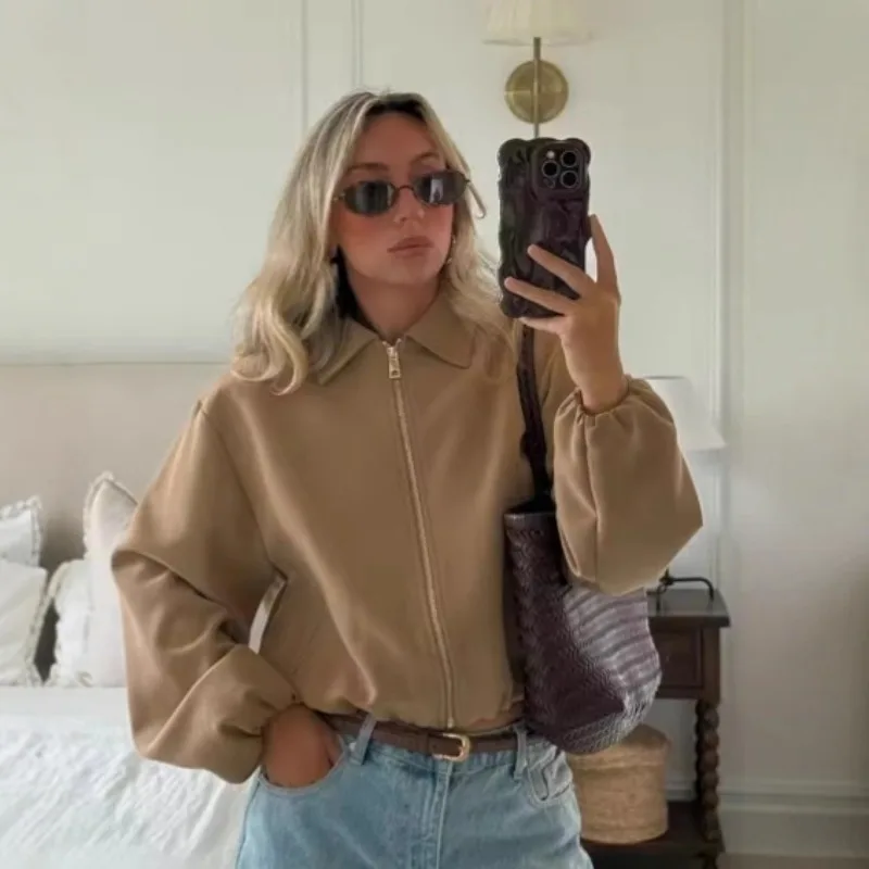 

European and American Women's Autumn and Winter New Fashionable Solid Color Coat Casual Lapel Zipper Jacket Female Clothing