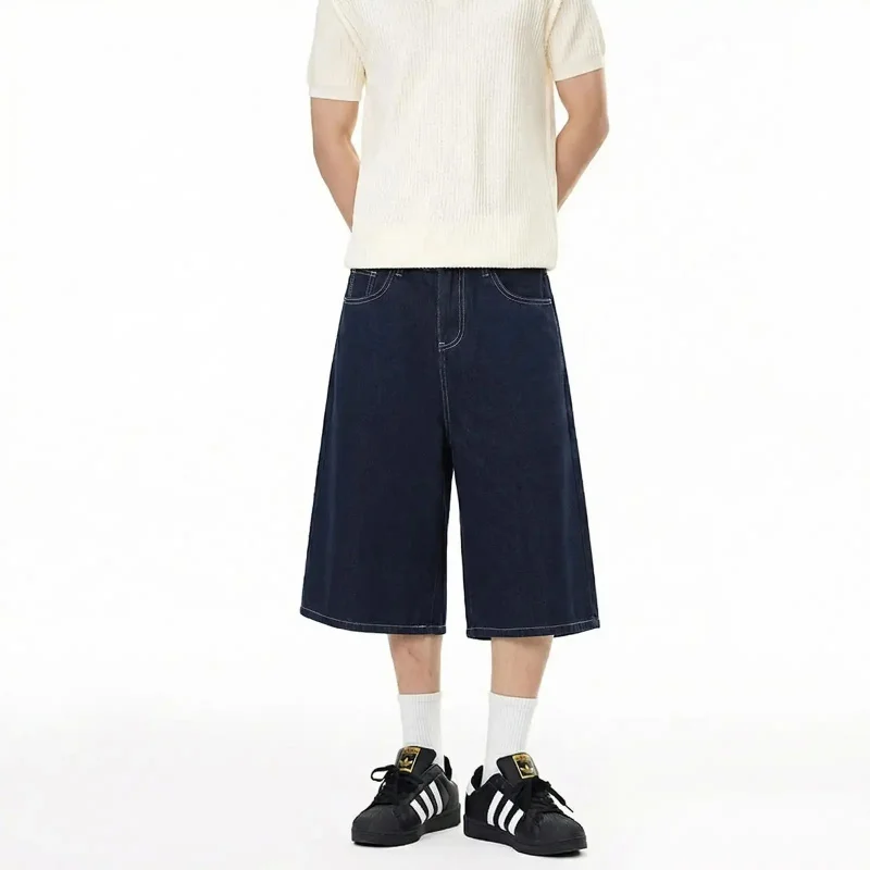 2026 Summer American Retro Denim Capri Pants for Men and Women, Lightweight Breathable Fabric, Letter Print, Loose Fit, Knee-Len