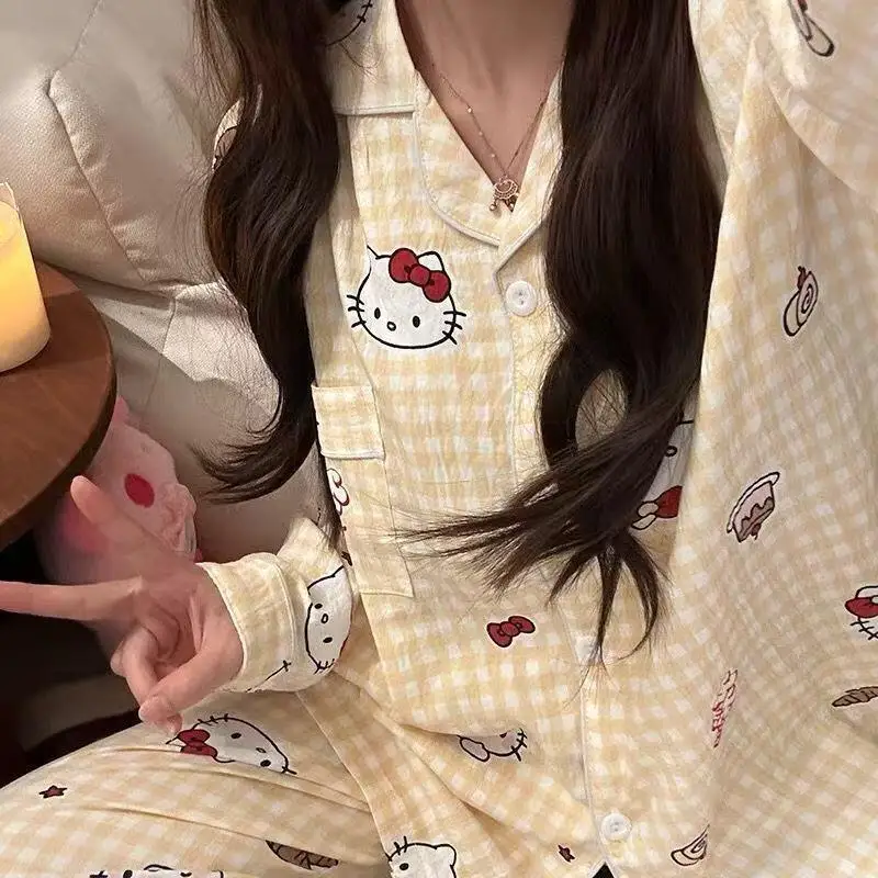 

Sanrio New Pajamas Hello Kitty Pajamas Sweet Style Female Spring Autumn New Long Sleeves Trousers Leisure Loose Home Clothing