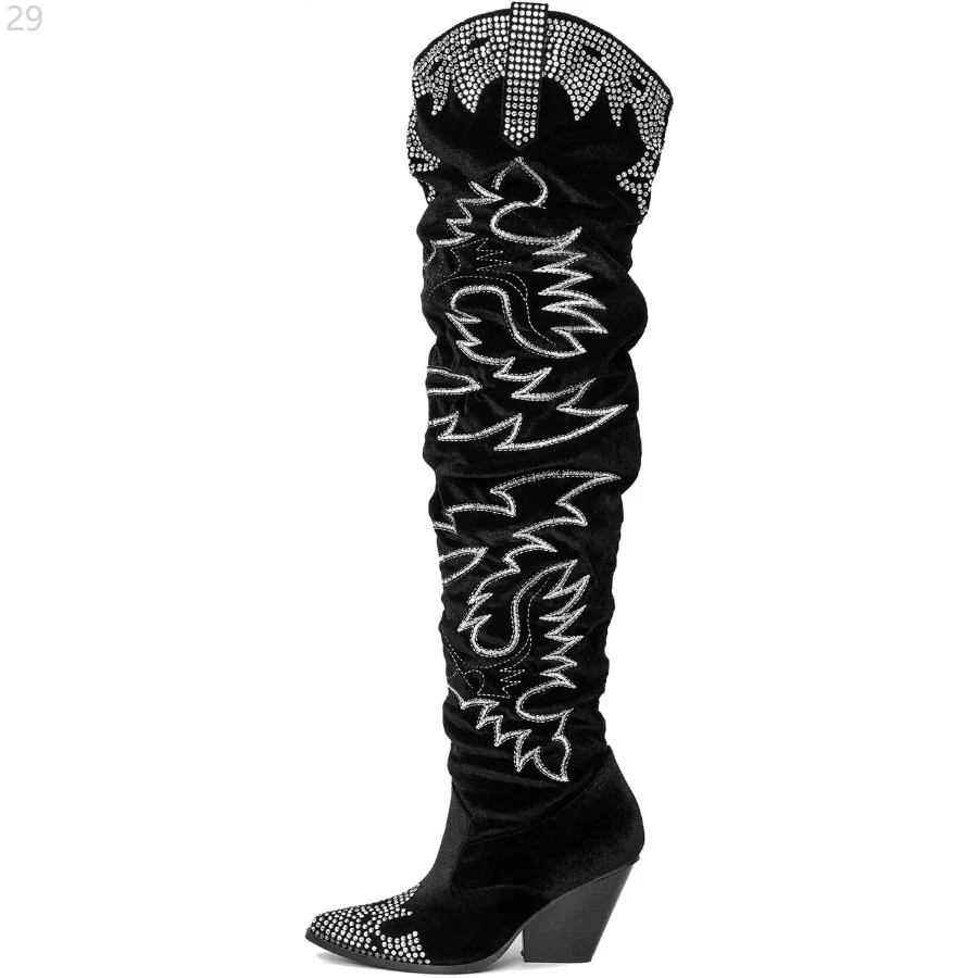 2026 Luxurious Royal Blue Velvet Chunky Heel Tall Boots Over The Knee Thick Heel Dress Boots Fall Winter Westen Shoes 44 view 5