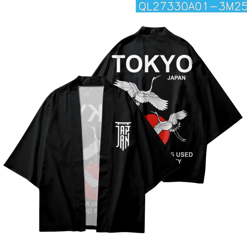 

Japanese Tokyo Crane Printed Summer Loose Harajuku Kimono Cardigan Cropped Pants Women Men Cosplay Yukata