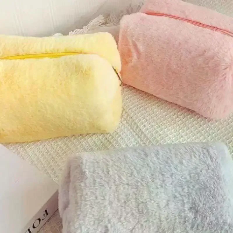 Solid Color Plush Cosmetic Bag Zipper Portable Travel Toiletry Pouch Women Small Makeup Storage Bag Washing Sundry Organizer