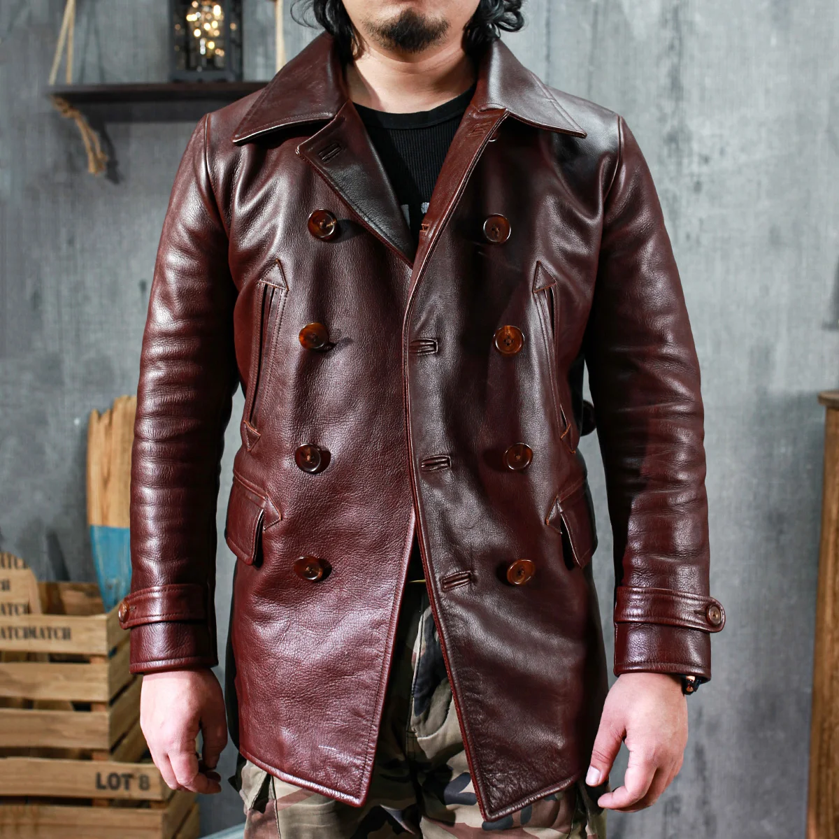 

SDC740 Read Description! Asian Size Genuine Men's Classic Winter Japan Hyogo Cow Leather Wind Pea Coat