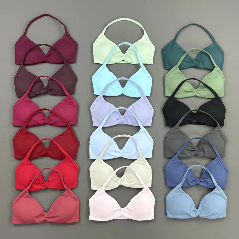 HISTELLO Impact Strappy Bra Women Open Back Sports Tank Top Halter Neck Gym Training Underwear Seamless Pilates Workout Yoga Bra