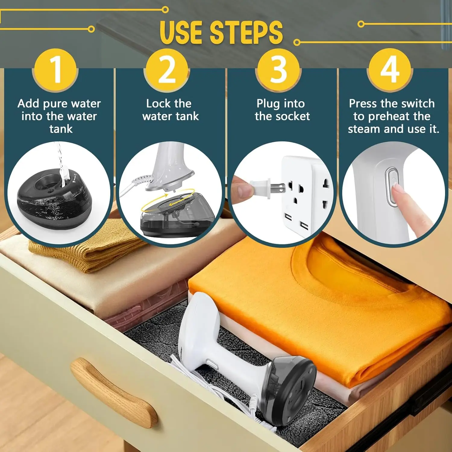 Vaporizador de ropa portátil de 1200 W, tanque de agua de 360 ml, eliminador rápido de arrugas para el hogar, la oficina, los viajes - Blanco