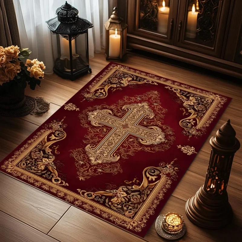 Black Background Pink Floral Cross Area Rug Non Slip Religious Decor Floor Mat Bedroom Prayer Carpet