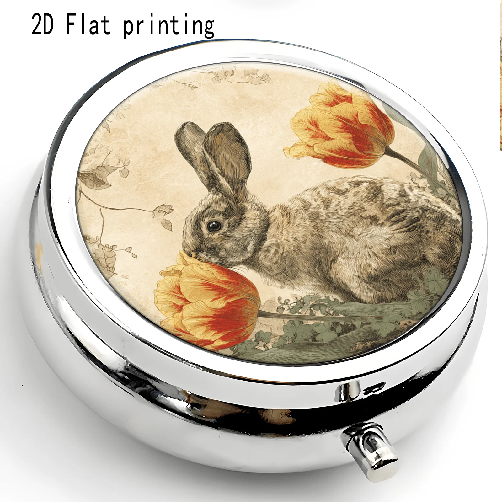 Retro Sketch-Style Rabbit-Tulip Lace Pattern Round Three-Compartment Small Pill Box, Portable Medicine Storage, Small Jewelry Organizer, Suitable for Handbags or Travel, Holiday Gifts, Souvenirs, Prizes, Small Gifts, for Personal Use or as an Exquisite Gift Option