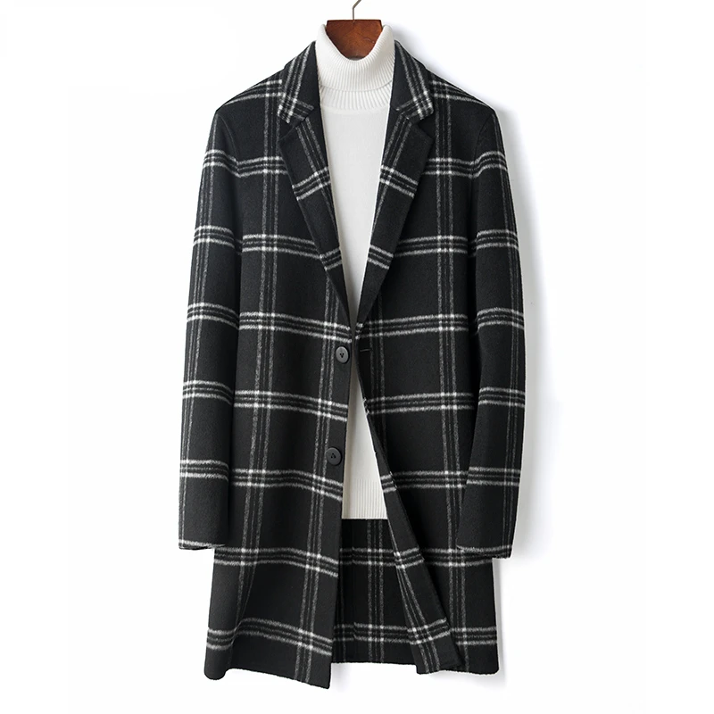 

2022 Men Autumn Winter New Turn Down Collar Wool Coats Male Long Sleeve Plaid Outerwear Men Casual Woolen Windbreaker Jacket N57