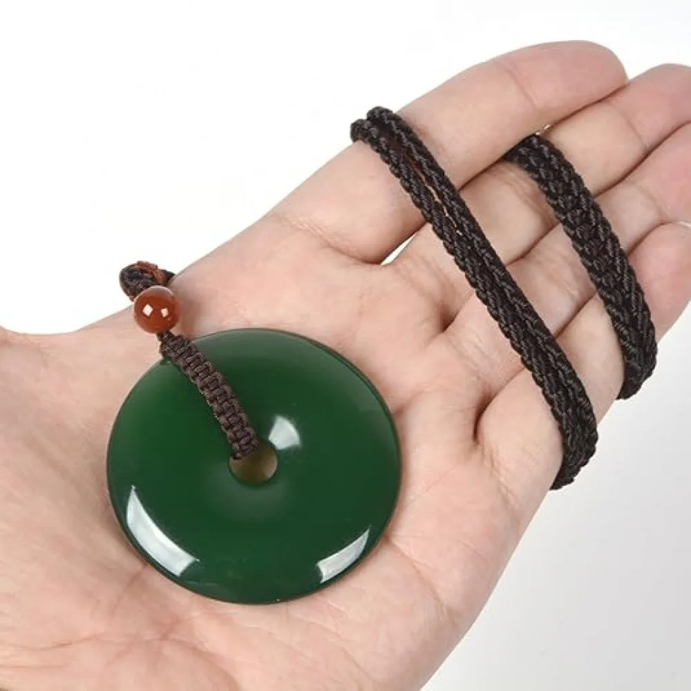 2Pcs Peace Buckle Amulet Necklace, Chinese Peace Donut Lucky Protection Charm Adjustable Cord Pendant, Random Color (Deep Green & White)