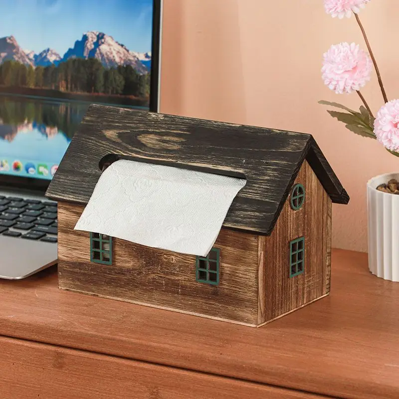 

Vintage Wooden Triangle House Tissue Box - Rustic Handmade Desktop Organizer for Home Decor | Natural & Minimalist Style
