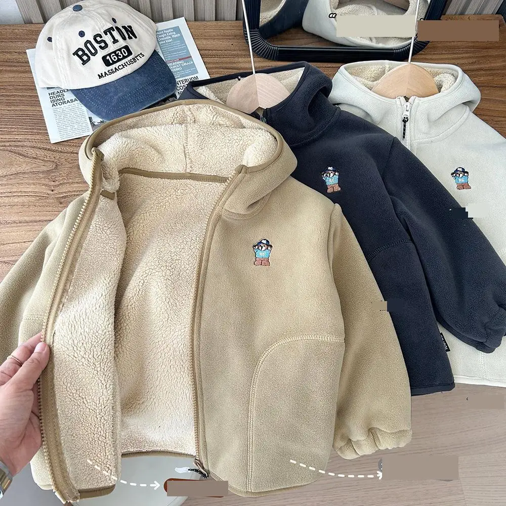 2026 Winter New Children Fleece Warm Hooded Coat Boys Alpaca Wool Jacket Kids Clothes Girls Plus Velvet Thick Casual Coat