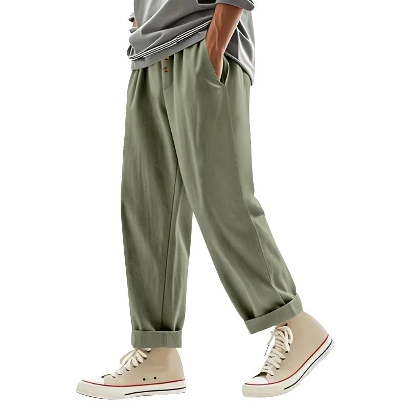 Herren Boho Leinenmischung Weite Hose mit Hoher Taille, Kordelzug, Knopfleiste, Lockerer Passform und Seitentaschen – Detail 26