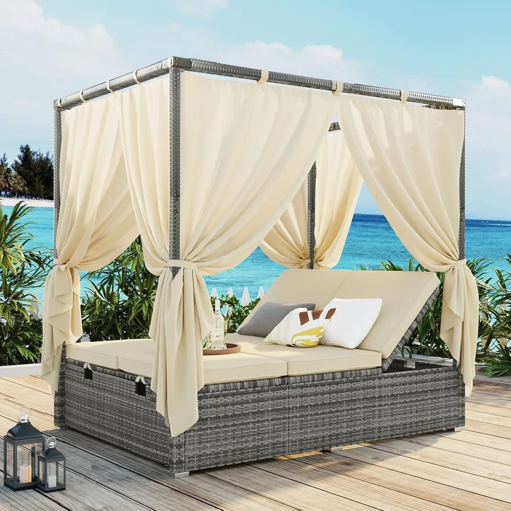 

Patio Chaise Lounge, Gray PE Rattan Outdoor Patio Wicker Sunbed Daybed with Adjustable Seats, Four-sided Canopy