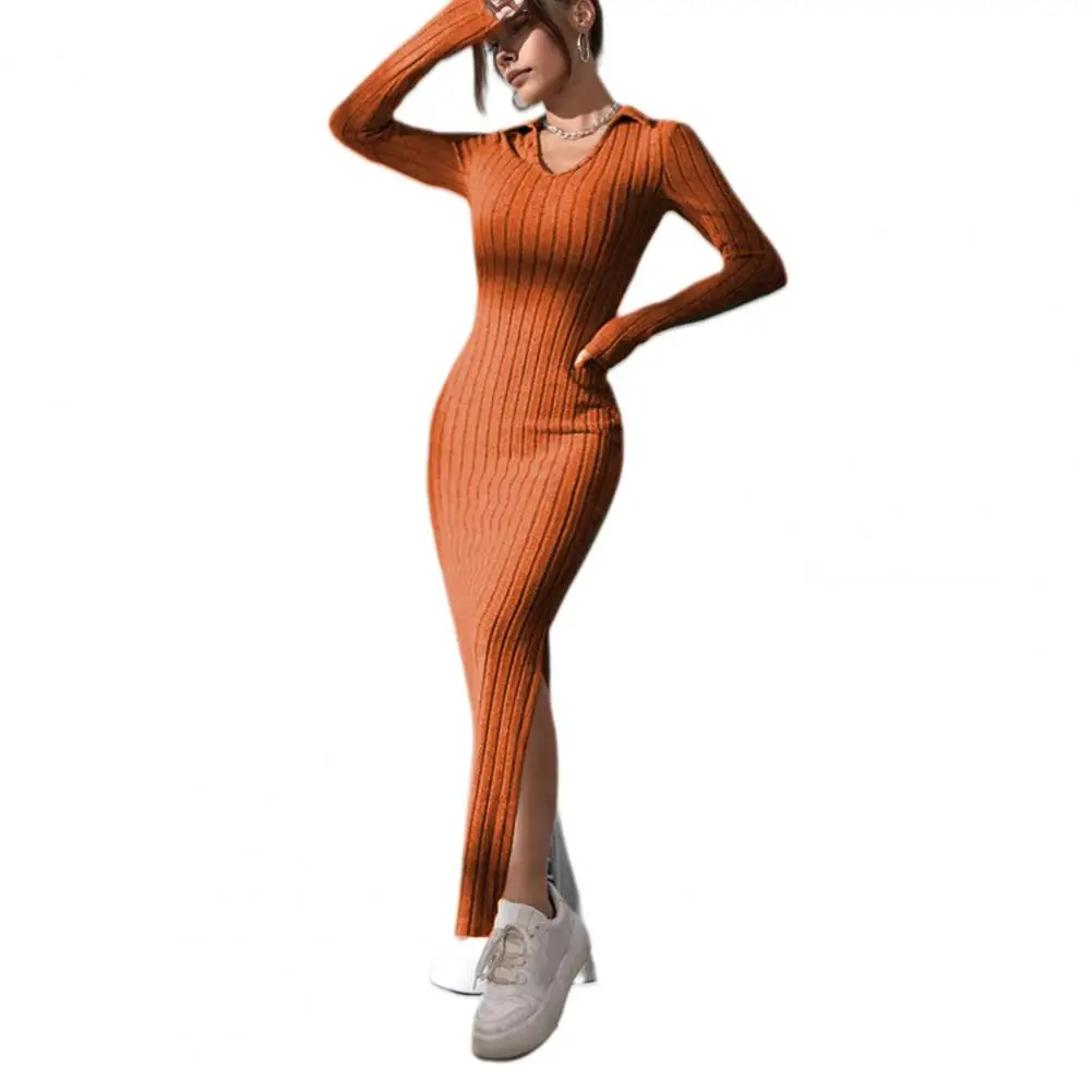 Spring Autumn Knitted Dress Women V Neck Slit Hem Thread Slim Sweater Dress Long Sleeves Maxi Dress Long Party