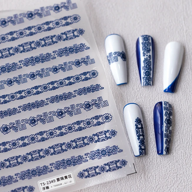 Blue Flowers Totem Chinese Style 5D Embossed Reliefs Self Adhesive Nail Art Decorations Stickers 3D Manicure Decals Wholesale