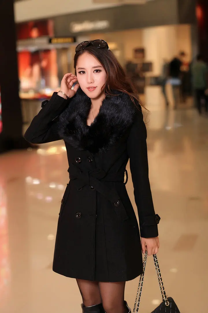 New autumn and winter woolen women\'s coat Korean double-breasted mid-length woolen coat with large fur collar trench coat