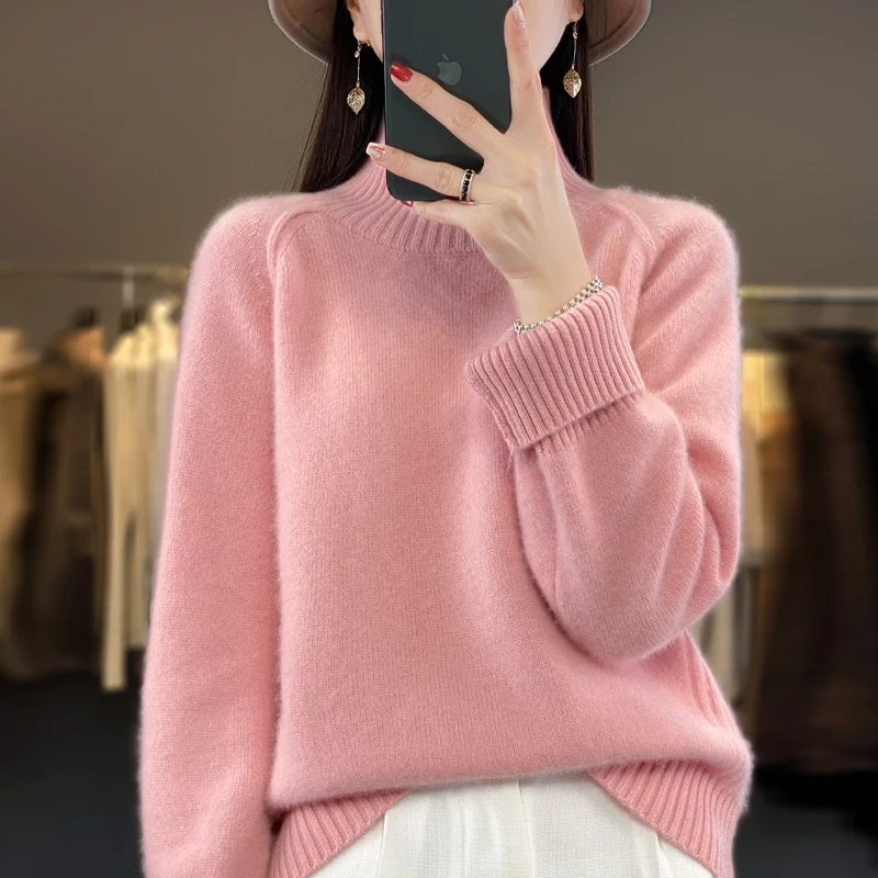 Women 100% Merino Wool Thickening Sweater High Collar Pullover Autumn Winter Casual Loose Knit Top Female Warm Soft Knitwear