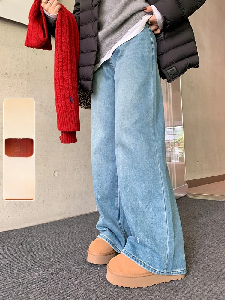 

Джинсы-стрейч Cheeseandkisses Thiened с прямыми штанинами, дышащие, зимние, повседневные, с высокой талией, на пуговицах, умеренной эластичности