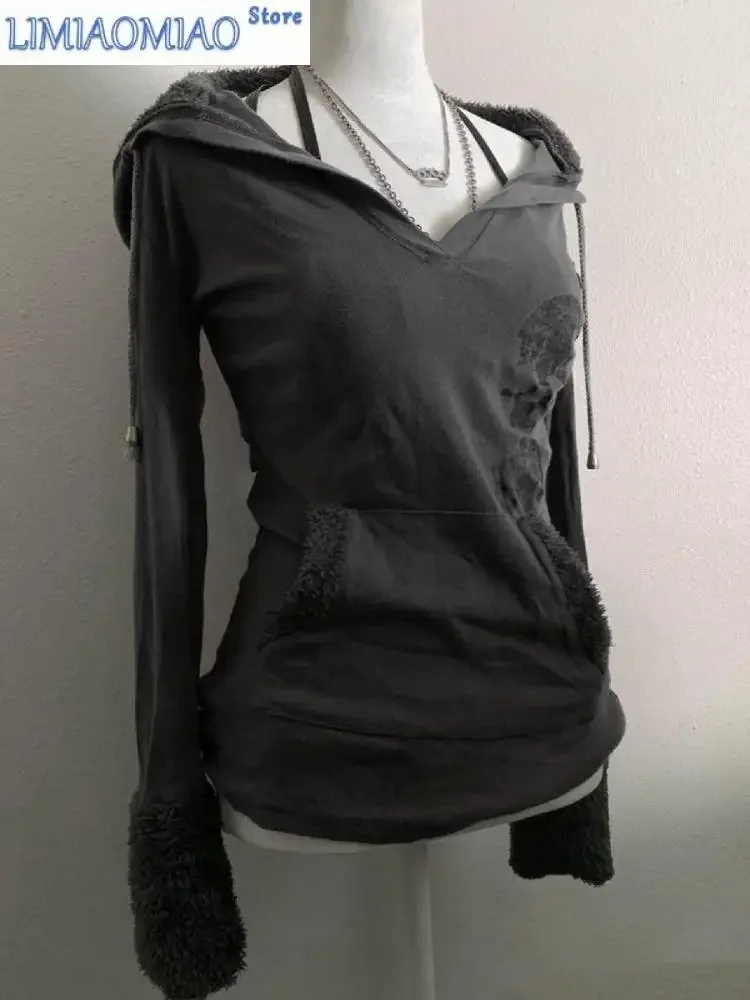 Gothic Grunge Clothes American Vintage Original Gray Lambswool Hooded Sweatshirt Print Slim Spring Autumn Top Hoodie Women Tops
