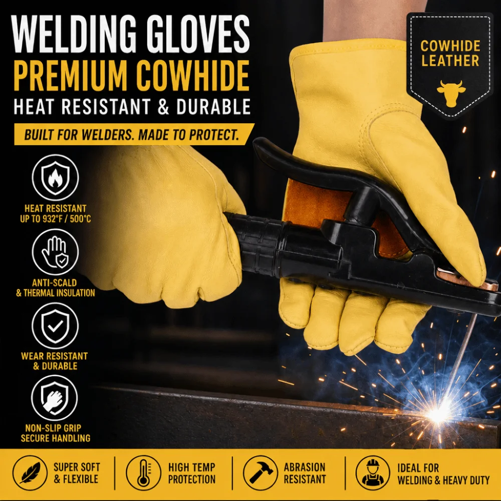 Flex Grip Leather Work Gloves Stretchable Wrist Wear-Resistant Cowhide Working Glove Insulated Soft Welding Protection Gloves