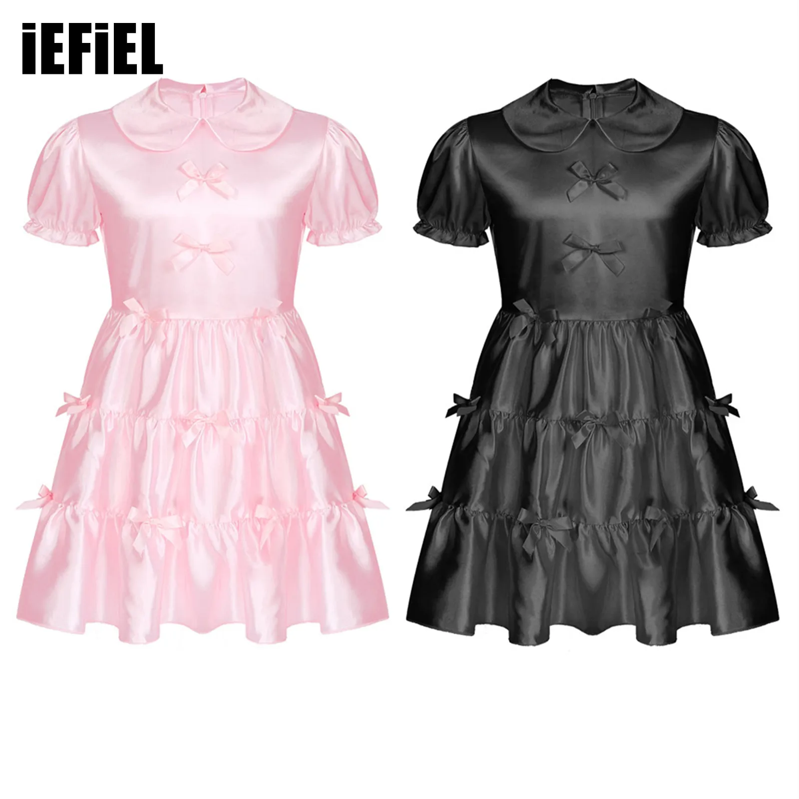 Mens Halloween Servant Uniform Cosplay Costume Satin Puff Sleeve Bowknot Ruffle Dress Sissy Maid Theme Party Role Play Clubwear