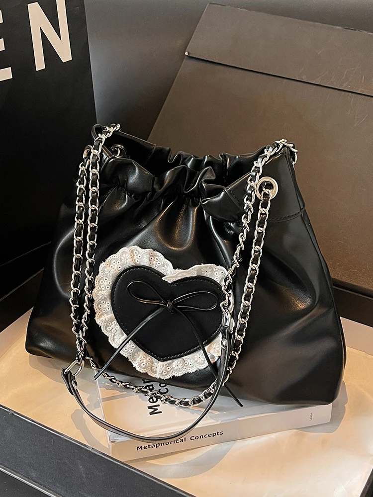 

Korean Fashion Bow Lace Decor Tote Bag Women's New Summer Autumn Chain One Shoulder Crossbody Bag Female PU Folded Commuter Bag