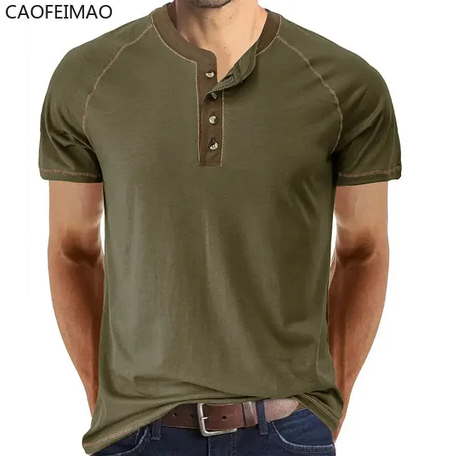 

Summer simple color contrast O-neck T-shirt Men's urban daily casual straight Henry shirt Youth campus T-shirt Men's short-sleev