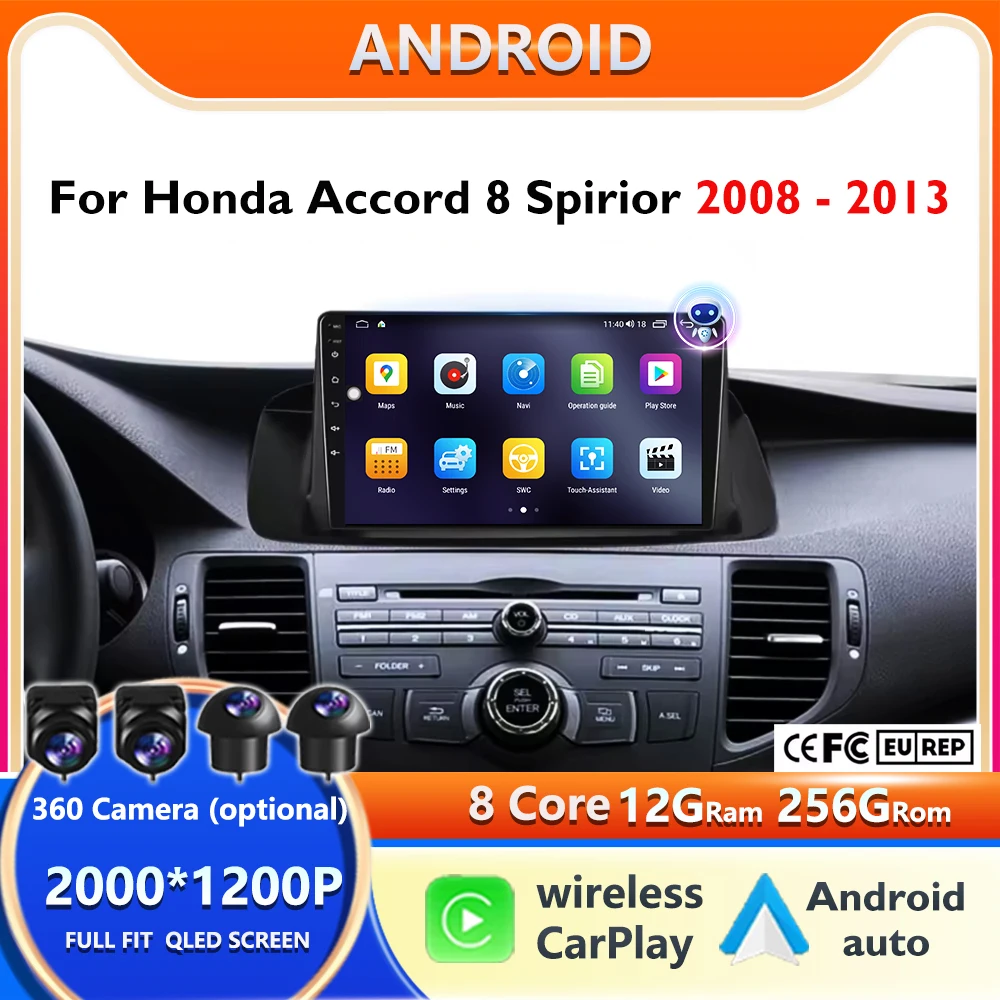 

For Honda Accord 8 Spirior 2008 - 2013 Android 14 Car Radio Multimedia Player Carplay Auto Stereo GPS Navi 2din DSP Head Unit