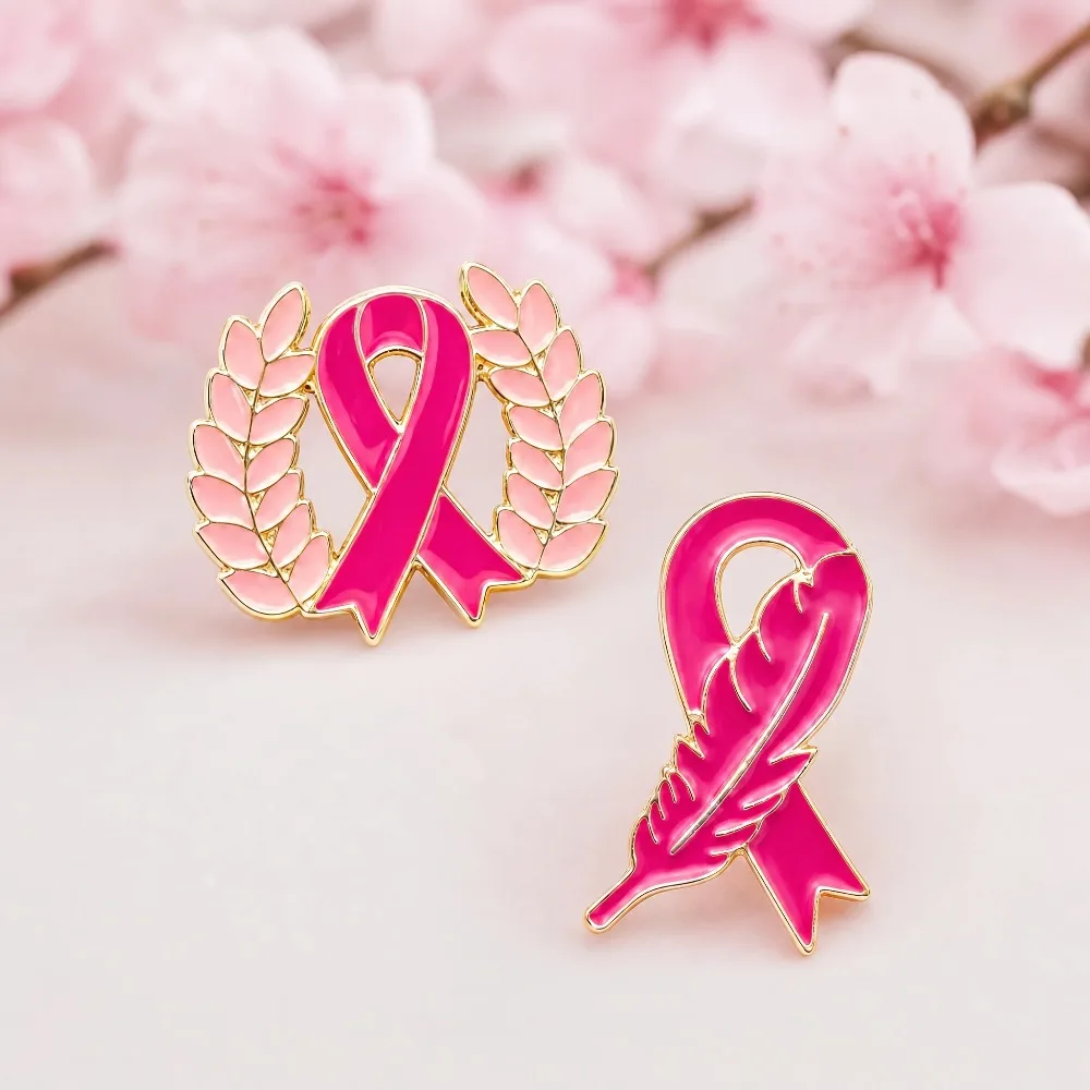 2-12Pcs Pink Ribbon Awareness Brooch Wheat Wreath & Feather Breast Cancer Lapel Pin, Charity Badge Decor Pin for Clothes Bag Hat