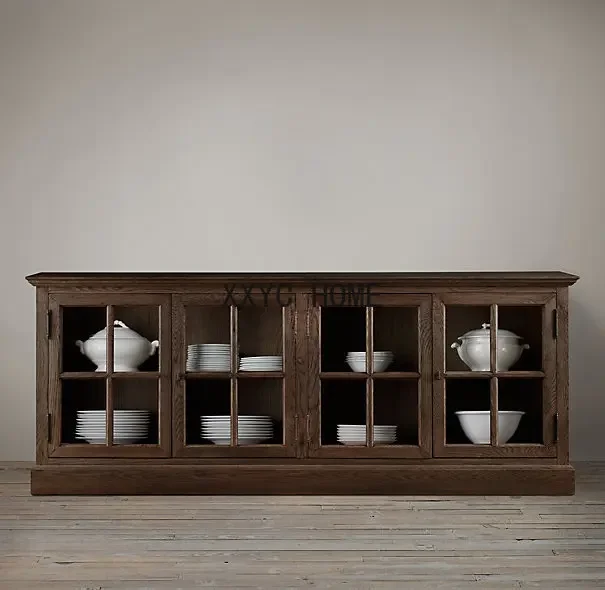 

American Country Retro Solid Wood Locker Glass Door Sideboard French Style Distressed
