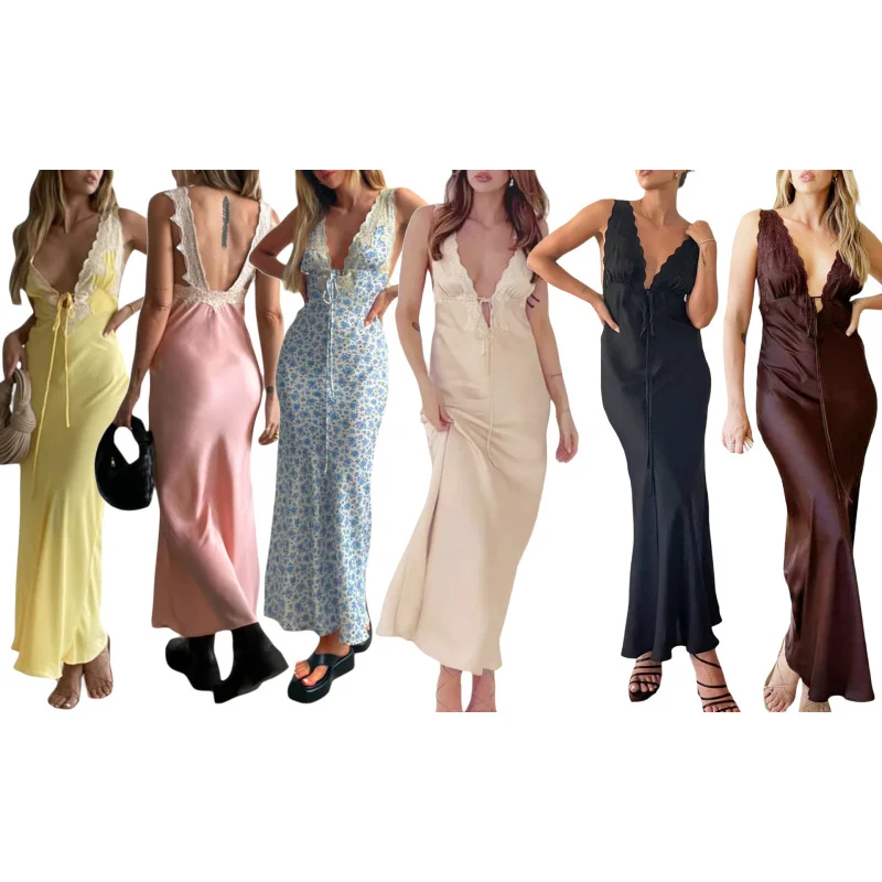 

2025Summer New Blue Printed PatchworkVSlim Fit Long Dress Women