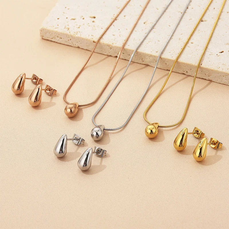 

2pcs/set Elegant Stainless Steel Earrings Necklace for Women Water Drop Pendant Snake Bone Chain Jewelry Sets Party Wedding Gift